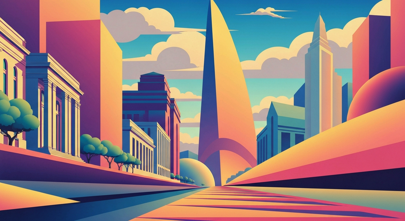 A bold, geometric illustration in the Art Deco style, featuring sweeping gradients and towering forced perspectives of architectural and natural elements, conceptually representing the grand scale and romance of Chicago's diverse outdoor destinations.