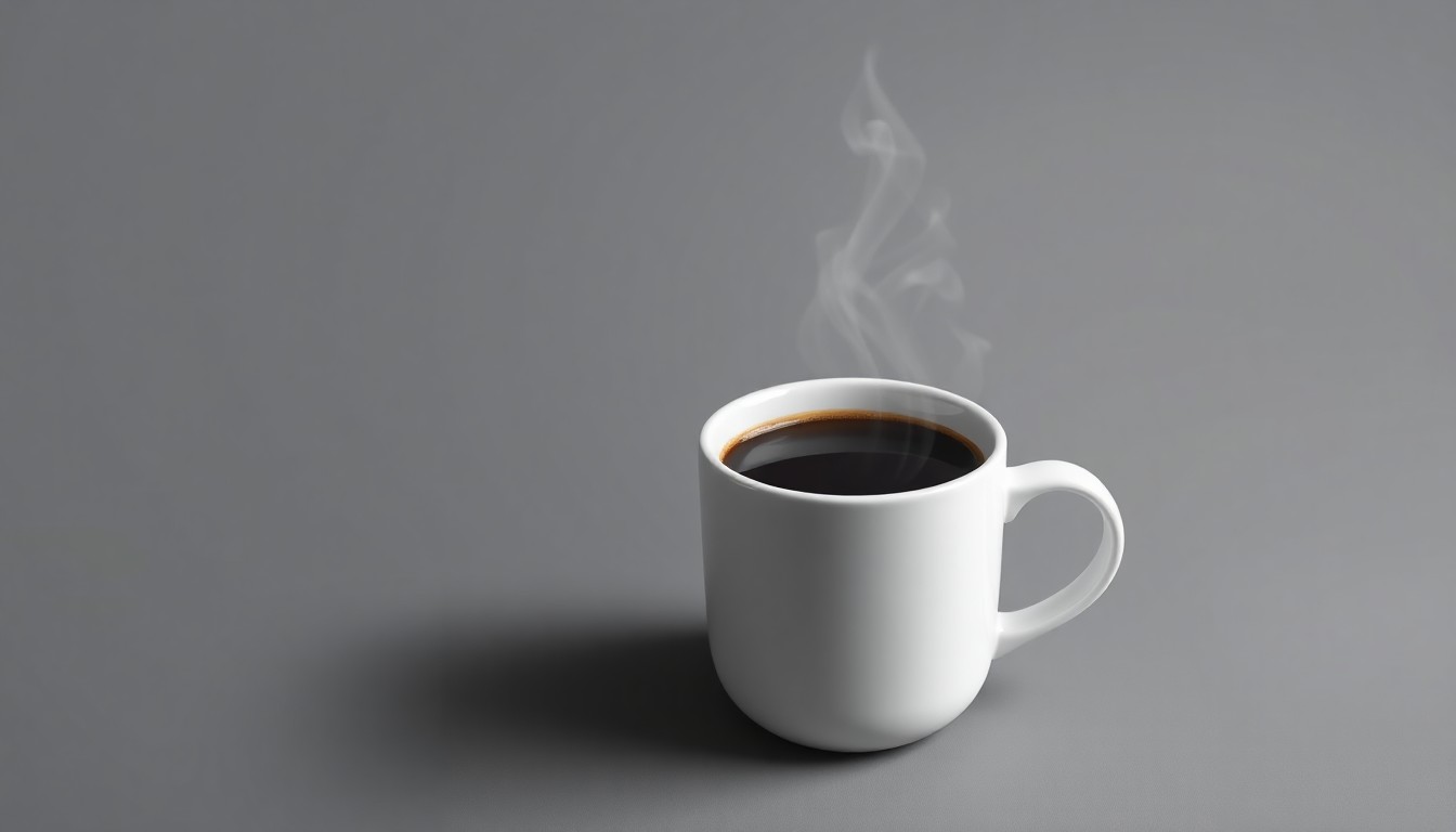 A photorealistic studio still-life photograph of a single steaming hot coffee cup in a plain white ceramic mug, set against a clean, monochromatic grey background with dramatic side lighting casting deep shadows.