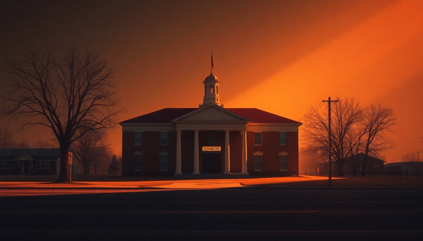A serene, cinematic painting of a government building in Platte City, Missouri, with warm sunlight and deep shadows creating a contemplative mood, conceptually representing the transition in the county prosecutor's office.