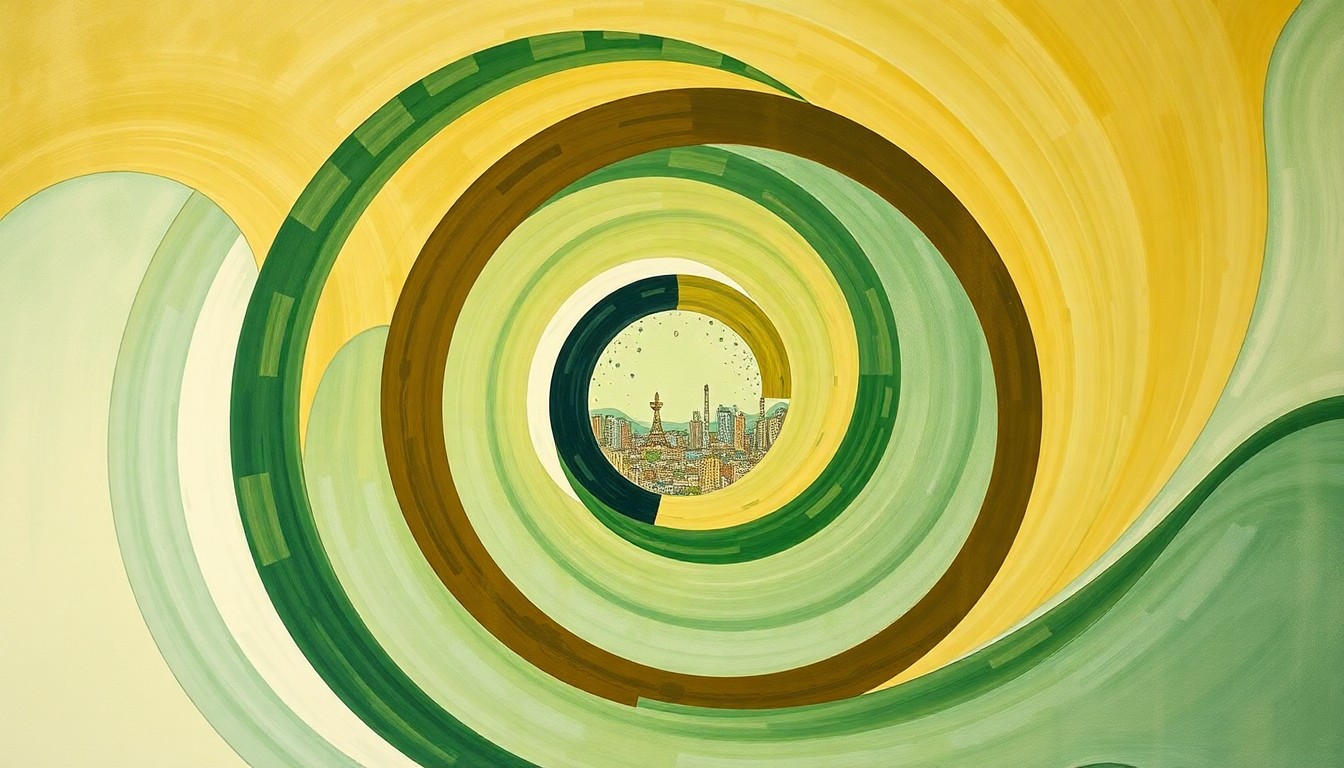 An abstract painting featuring bold, geometric shapes and organic patterns in shades of green, brown, and blue, conveying the complex interplay of renewable energy, urban development, and community values.