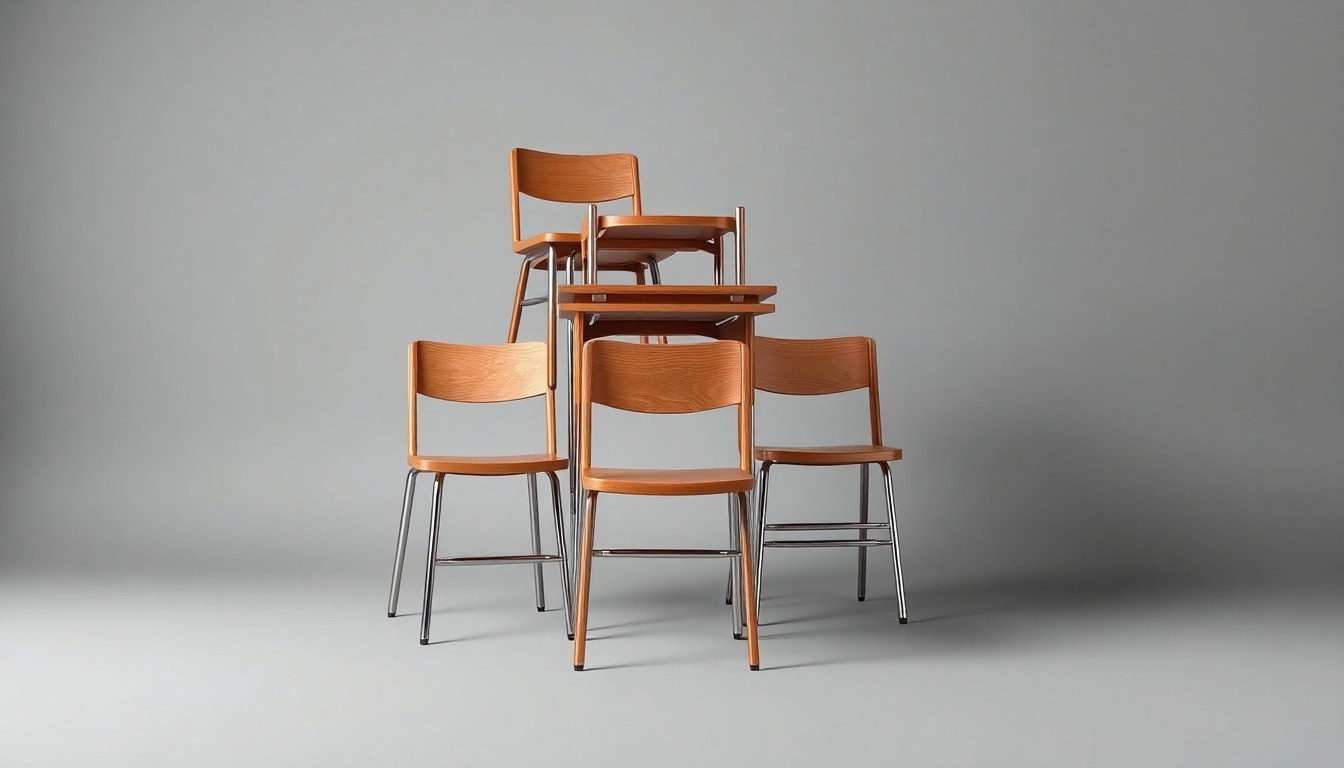 A high-end, photorealistic studio still-life photograph featuring a stack of wooden school desks and chairs arranged elegantly on a clean, monochromatic grey background. The objects are made from polished raw materials and clean geometric shapes, using dramatic studio lighting and deep shadows to represent the abstract corporate strategy and market challenges facing the education furniture industry.