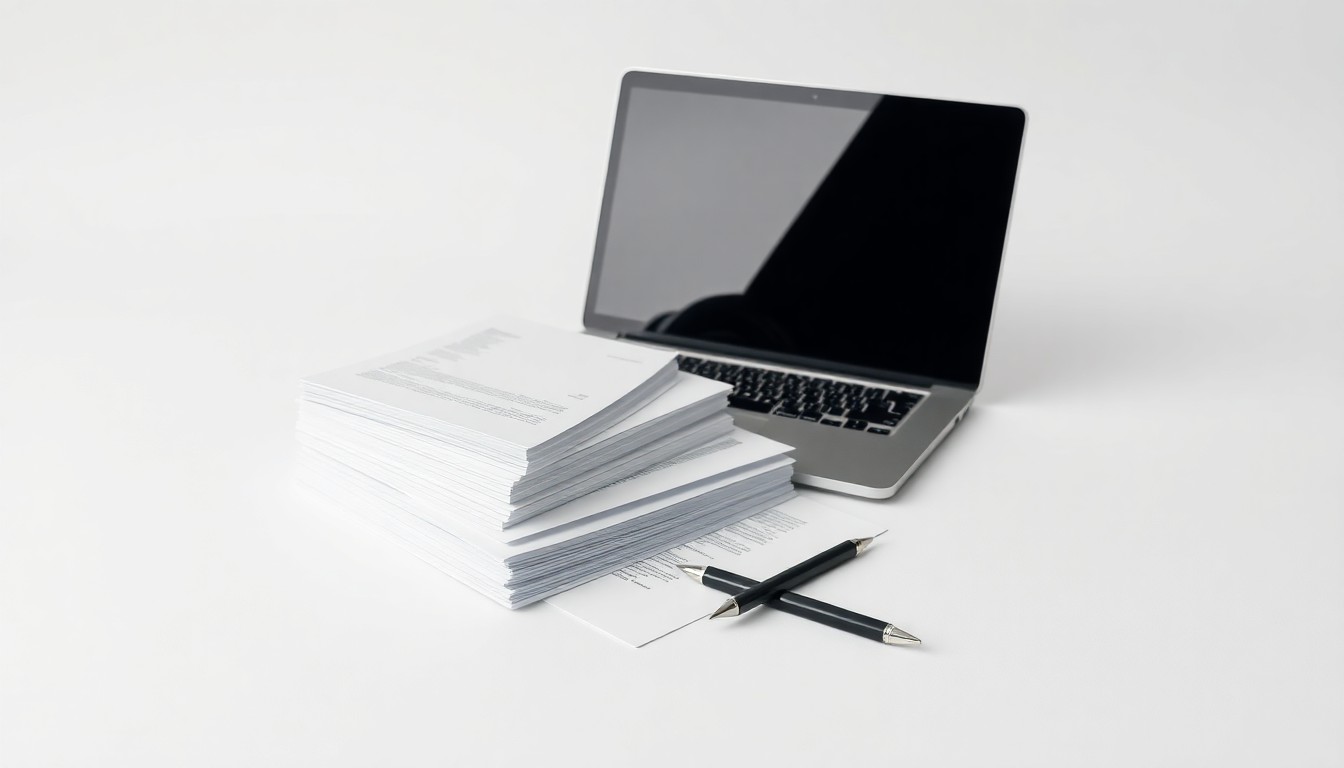 A clean, polished studio photograph featuring a stack of documents, a laptop, and a pen arranged on a solid gray background, conveying the abstract ideas of corporate strategy and technology analysis.