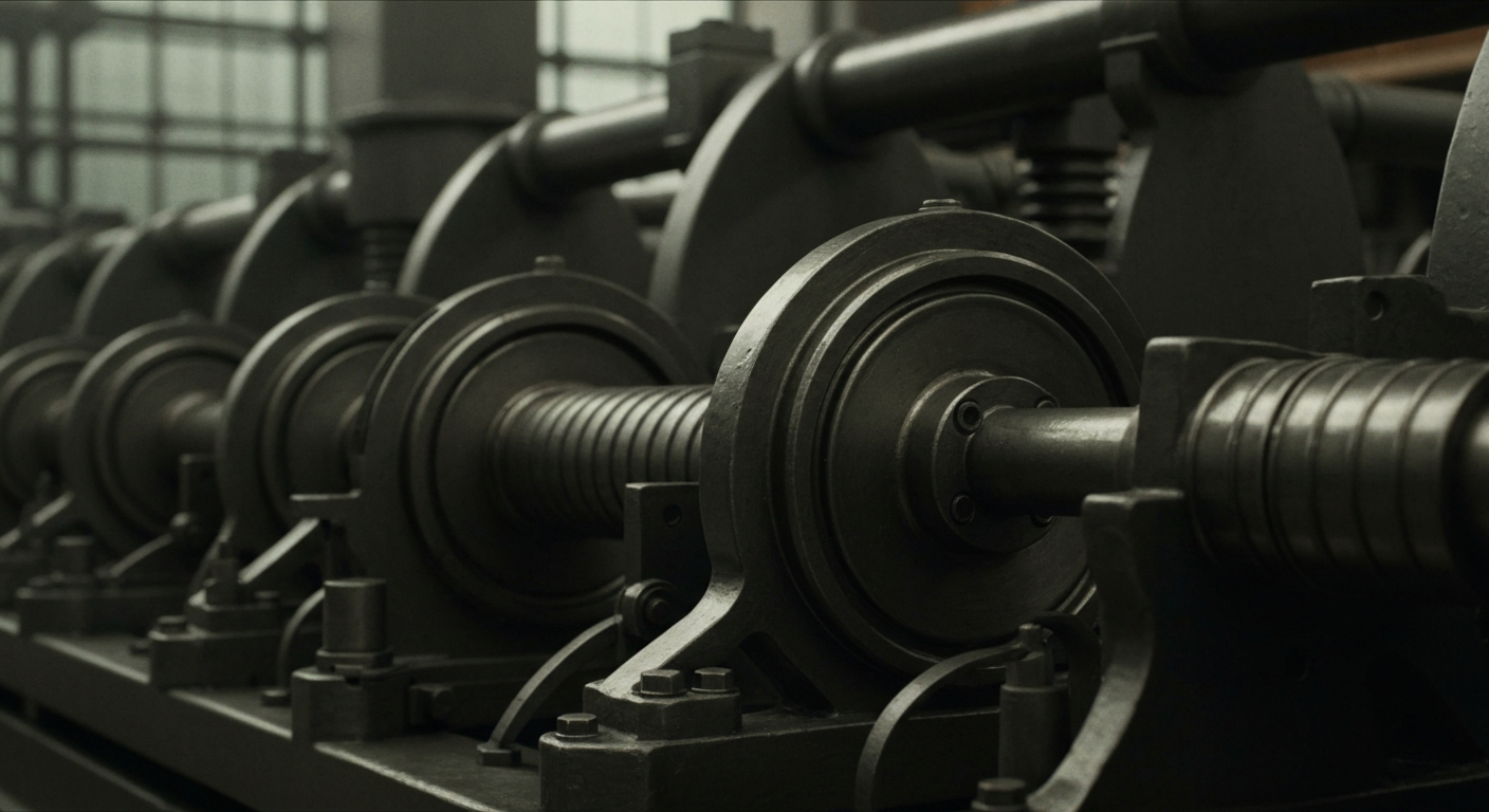 An extreme close-up of large, industrial machinery and equipment in muted tones, representing the heavy, physical infrastructure that will power the AI economy.
