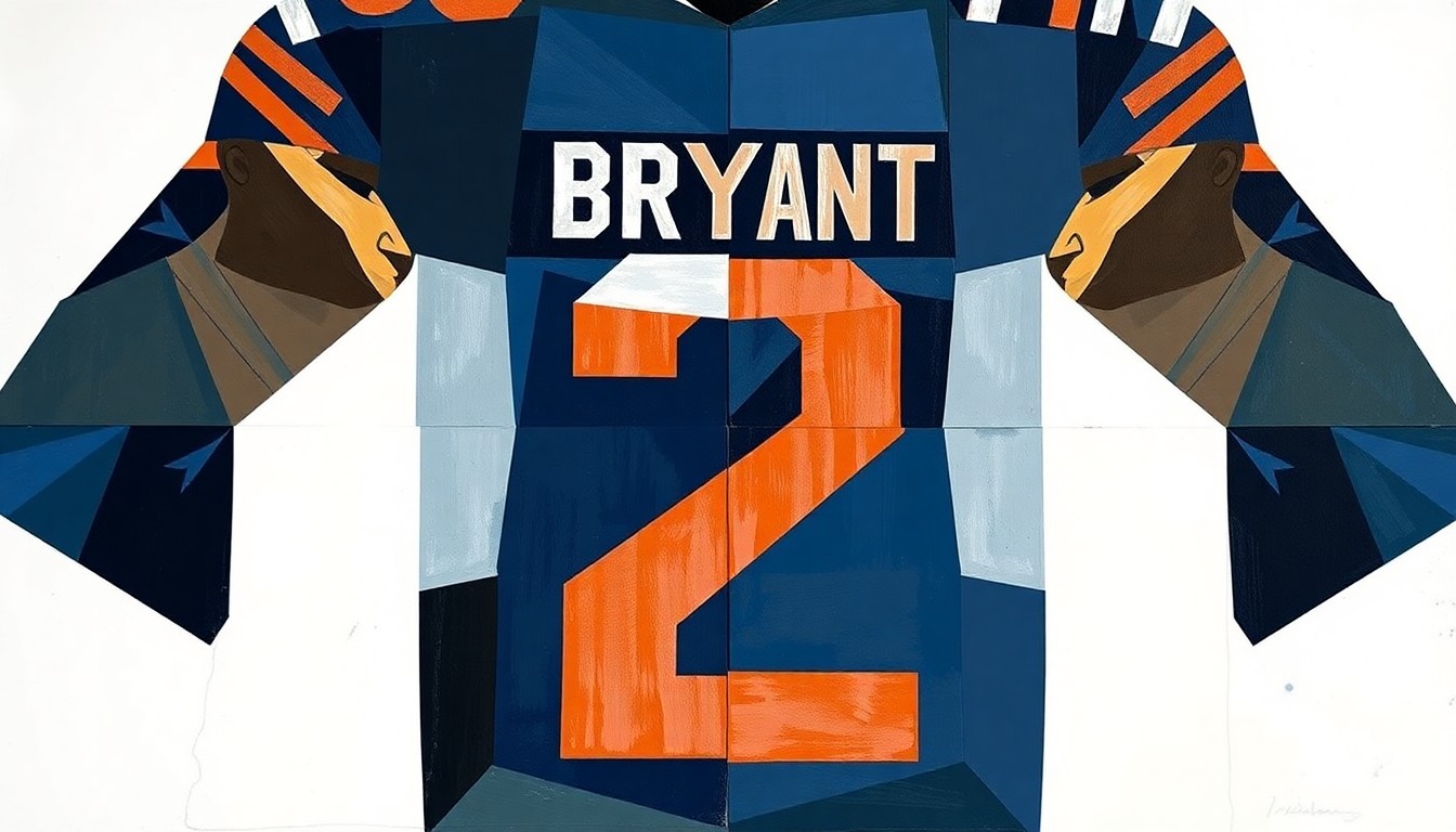 A fragmented, multi-angled painting depicting the number 2 in various geometric shapes and planes, representing the new jersey number of Chicago Bears safety Coby Bryant.
