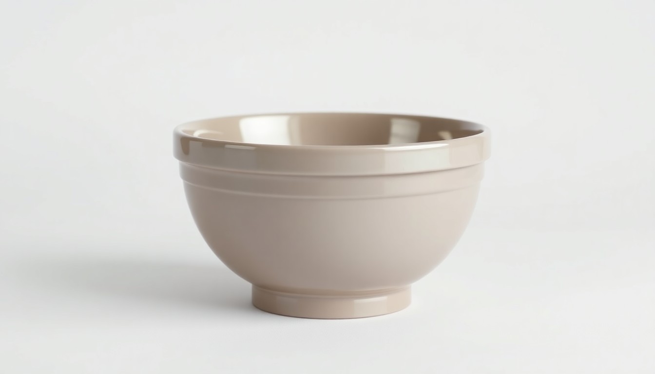 A high-end, photorealistic studio still-life photograph featuring a single polished metal bowl or container in a neutral gray or beige color, placed on a clean white seamless background. The bowl or container is slightly reflective, casting soft shadows and highlights to represent the financial challenges facing the Portillo's restaurant chain.