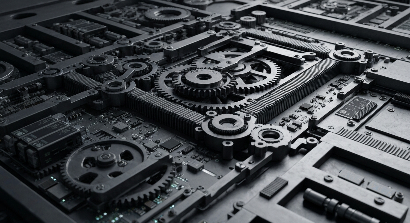 An extreme close-up of a complex, interlocking network of gears, levers, and electronic components, conceptually representing the inner workings of a financial trading platform.