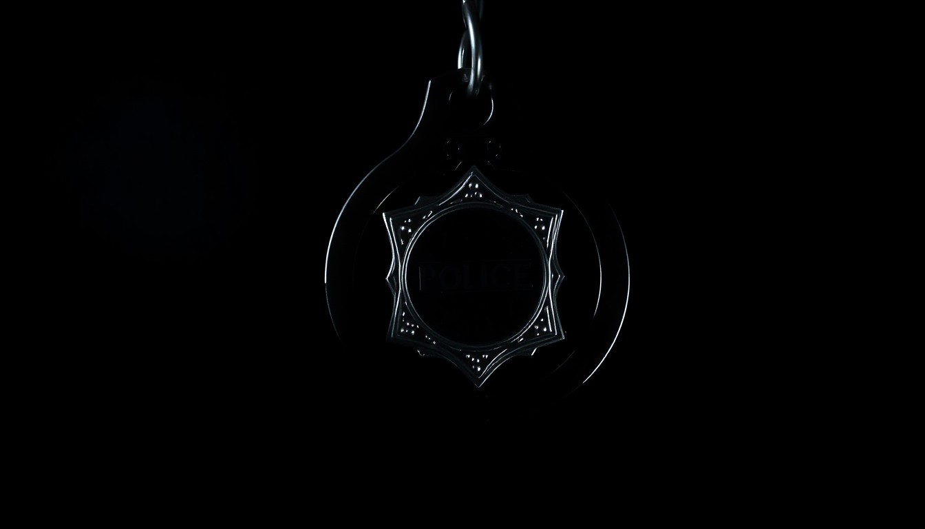 An extreme close-up photograph of a shiny metal police badge or handcuff, lit by a harsh, direct camera flash against a pitch-black background, creating a stark, gritty, investigative aesthetic.