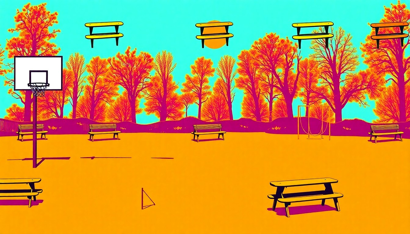 A brightly colored, high-contrast silkscreen print of a park swing set repeated in a tight grid pattern, conceptually representing the modernization and expansion of recreational facilities in FDR Park.