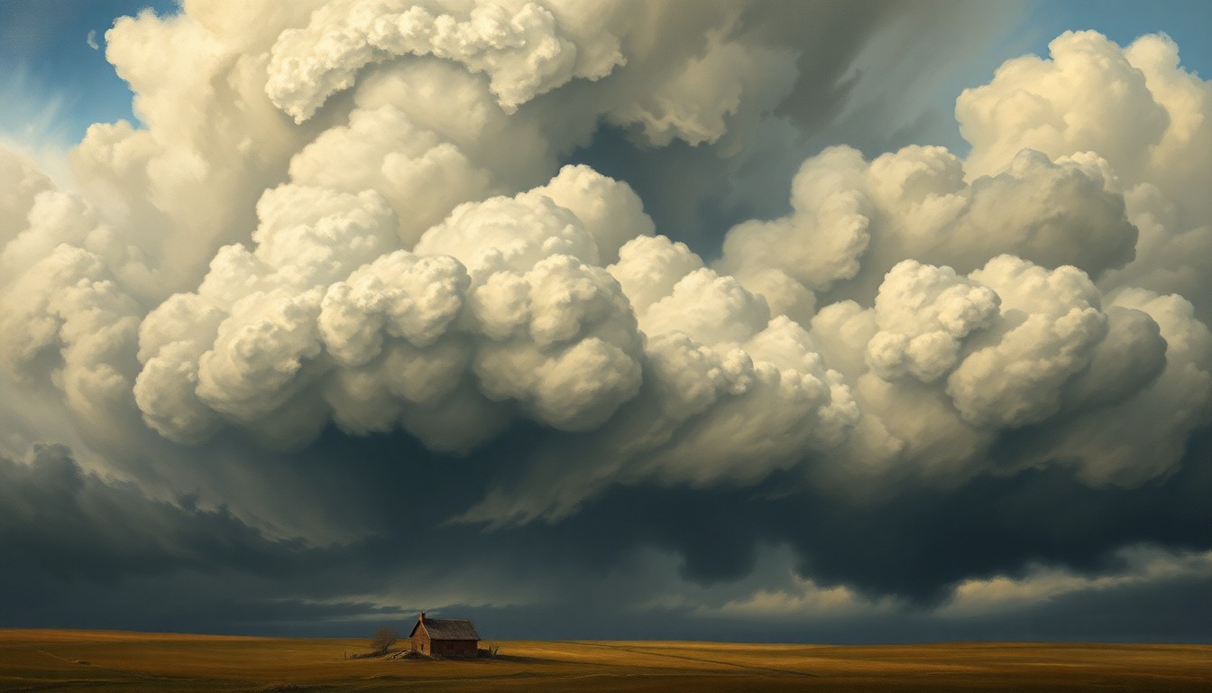 A dramatic landscape painting in the style of Caspar David Friedrich, with a vast, stormy sky filled with swirling, ominous clouds that dwarf a small farmhouse or barn in the foreground, conveying the overwhelming power of an approaching severe weather event.