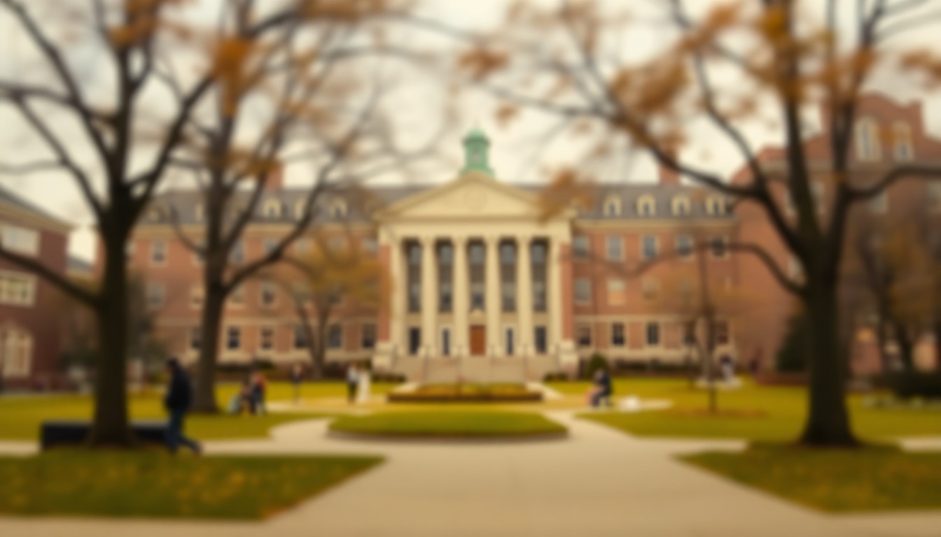 A blurred, impressionistic photograph of a university campus quad, with the iconic architecture of the Michigan Union building visible in the background, captured in a soft, warm color palette that evokes a sense of transition and uncertainty.