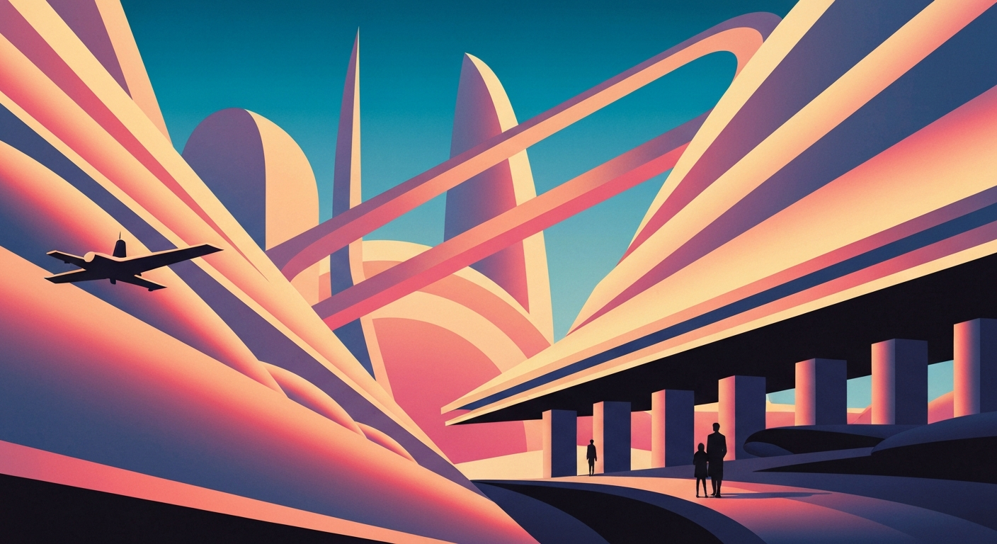 A highly stylized, geometric illustration in the Art Deco style, featuring sweeping gradients of blues and greens, with sleek, streamlined forms suggesting the grand scale and romance of public transportation.