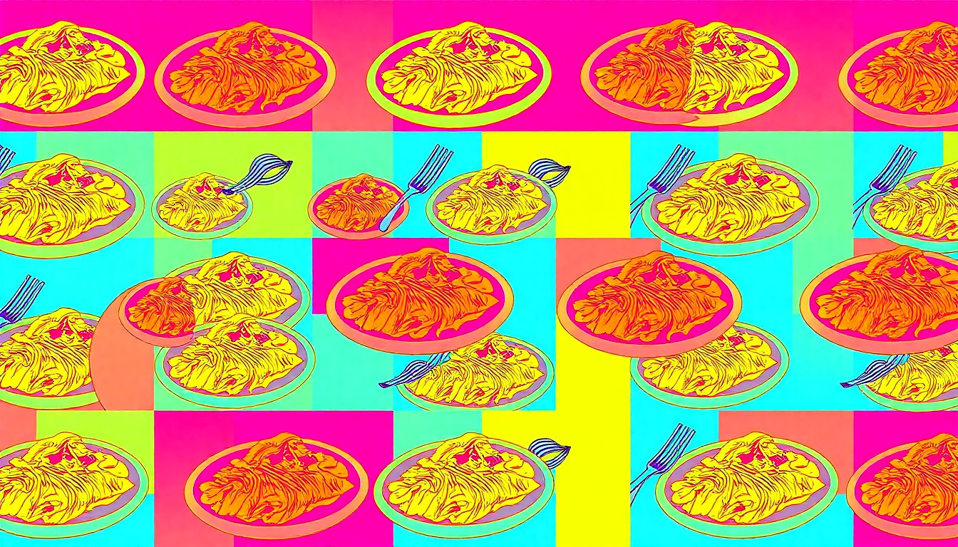 A high-contrast, silkscreen-style illustration of a Peruvian dish such as ceviche or lomo saltado, repeated in a grid pattern with bright, unnatural colors and heavy black outlines, capturing the modern pop art aesthetic of the new restaurant.