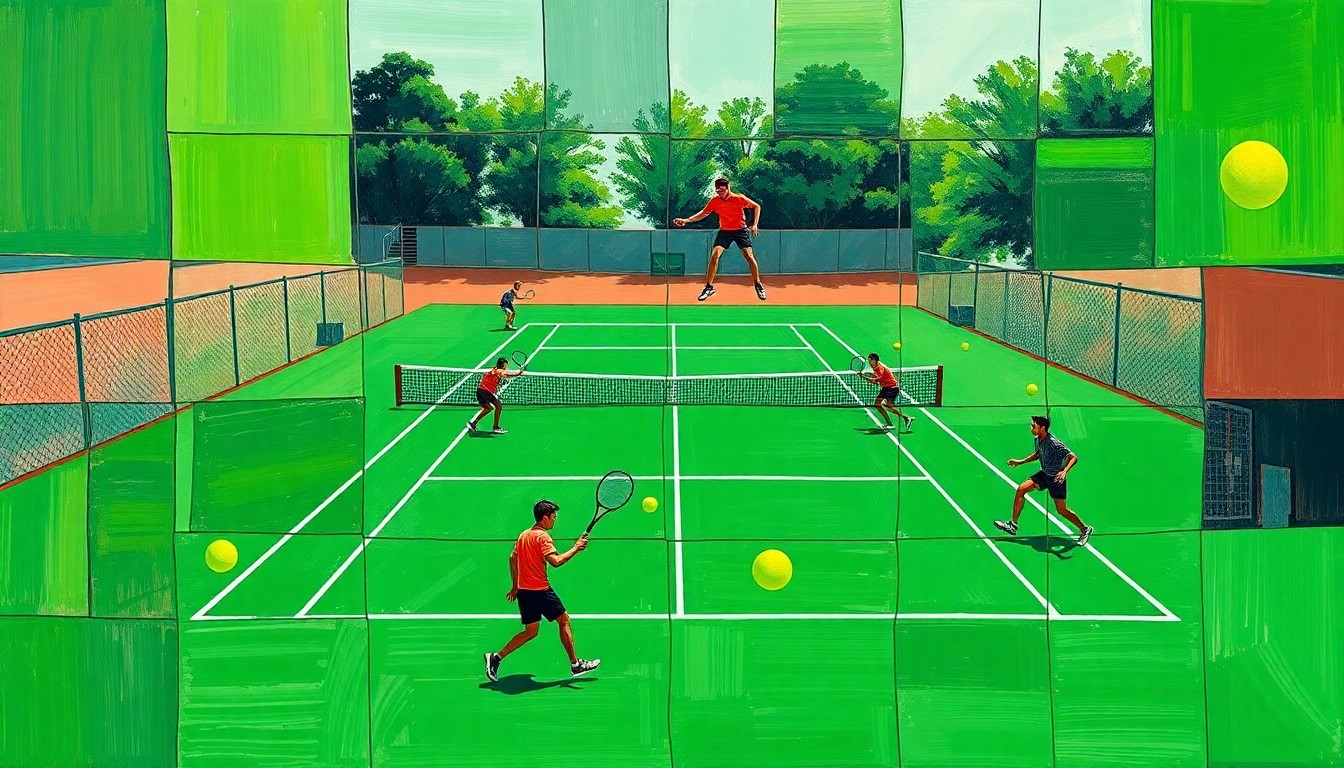 A cubist, geometric painting depicting the dynamic action of a high school tennis match, with overlapping planes of green courts, yellow balls, and shadowy player figures.