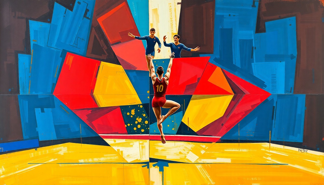 A cubist, geometric painting depicting a gymnast mid-routine, with overlapping planes of color and movement capturing the energy and dynamism of the sport.