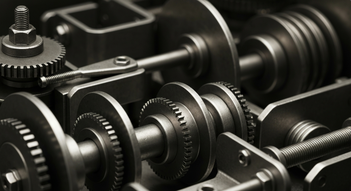 A close-up photograph of heavy, industrial banking machinery and mechanisms, such as gears, pulleys, and metal components, conveying a sense of the powerful, secure infrastructure that supports Community Trust Bancorp's financial services.