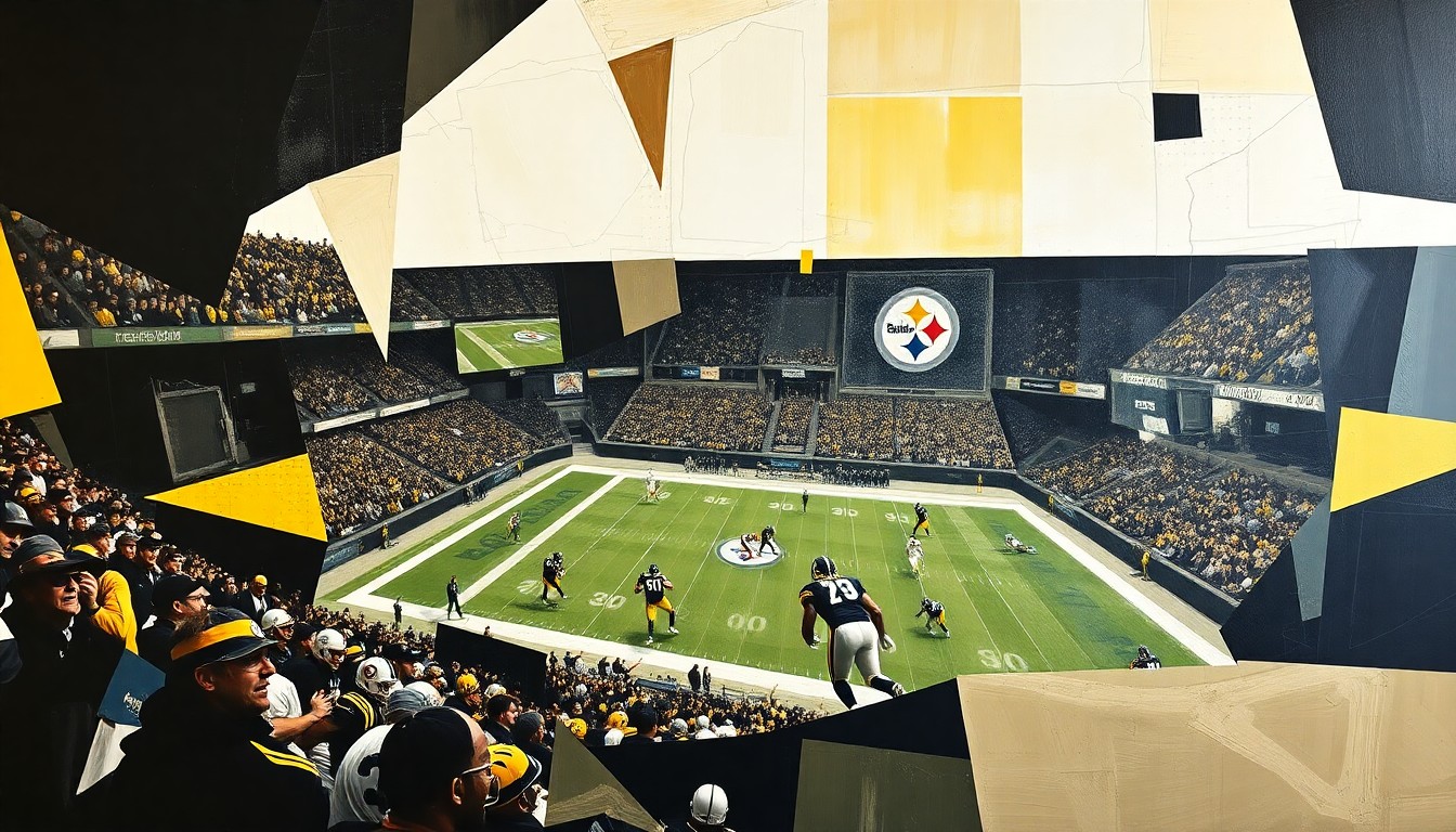 A fragmented, geometric painting in the Steelers' black, gold, and white colors, depicting a football game scene broken down into sharp, overlapping shapes and planes.