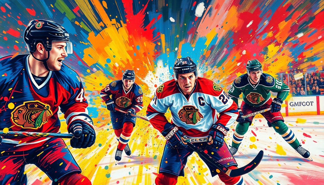 An abstract, energetic painting in neon colors capturing the motion and intensity of a professional hockey game, with players' forms blending into the expressive brushstrokes.
