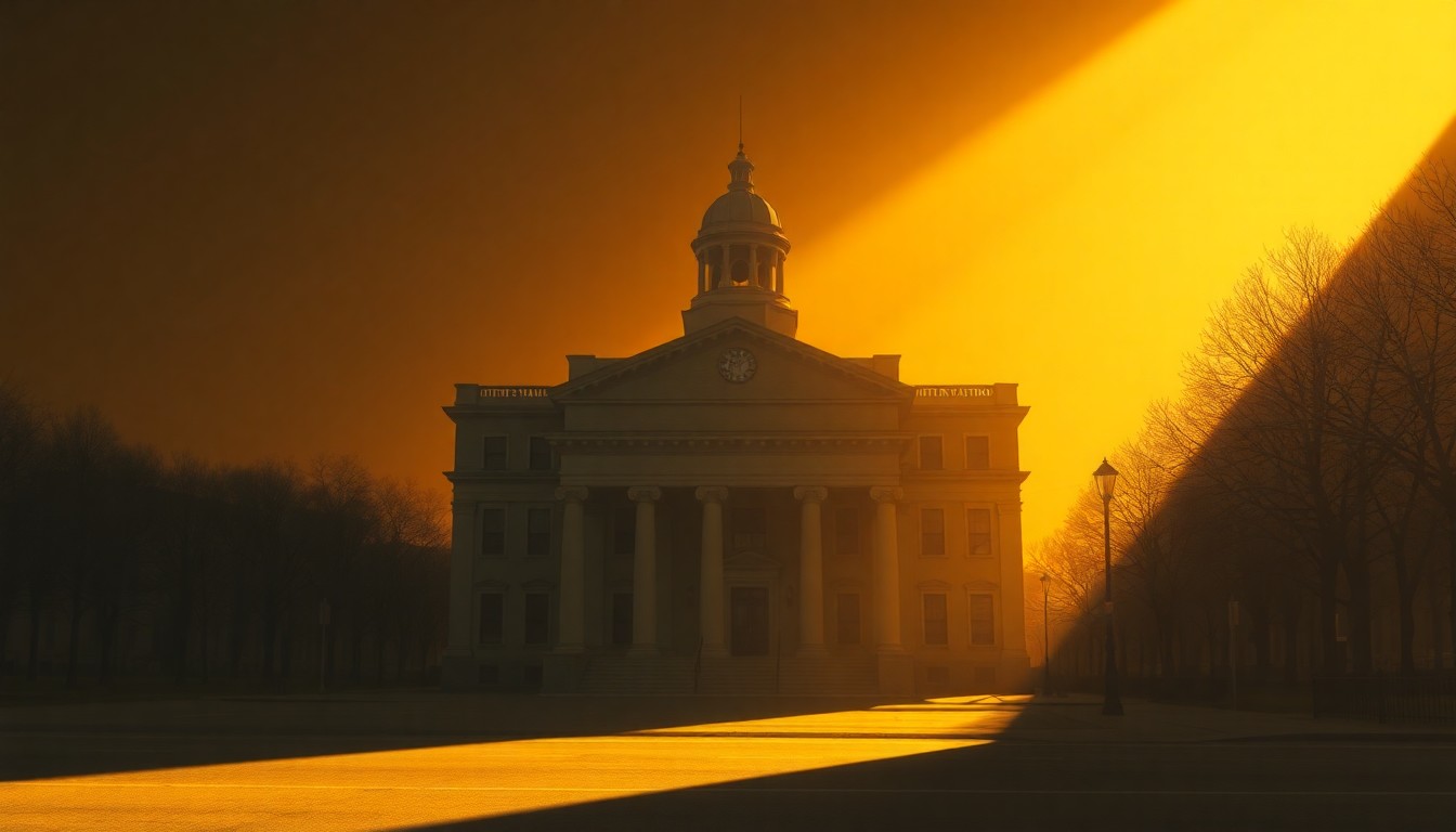 A serene, cinematic painting of a city hall building in warm, golden light, conveying a sense of political transition and fiscal responsibility.