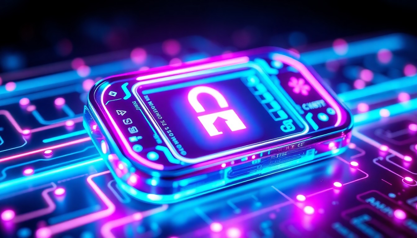 A highly detailed 3D macro illustration of a glowing, futuristic authentication device with neon cyan and magenta lights, conceptually representing the advanced technology used to verify the authenticity of valuable collectibles.