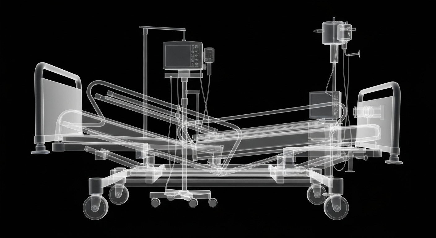 A ghostly, translucent X-ray image revealing the internal metal frame and medical equipment of a hospital bed, conceptually illustrating the vulnerability of critical healthcare providers facing funding challenges.