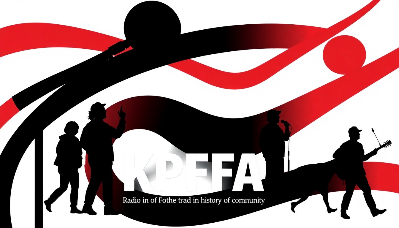 An abstract, minimalist illustration featuring bold black silhouettes and high-contrast solid colors like red and white, conceptually representing the history and community spirit of KPFA radio.