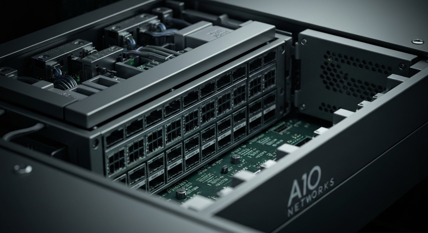 An extreme close-up of the intricate, heavily textured components and circuitry inside a high-performance network appliance, conveying the power and complexity of A10 Networks' technology.