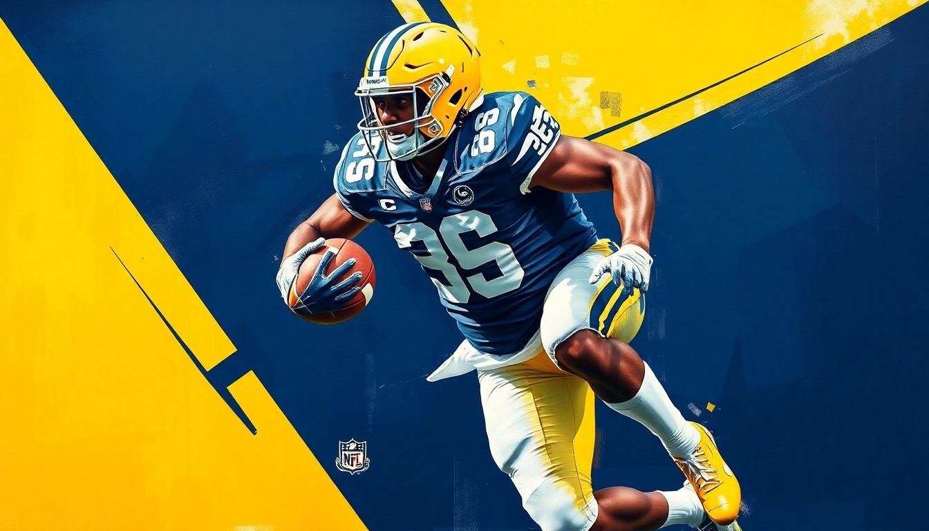 A fractured, geometric painting depicting a Penn State football player making a defensive play, with sharp planes of navy blue, white, and yellow representing the dynamic action on the field.