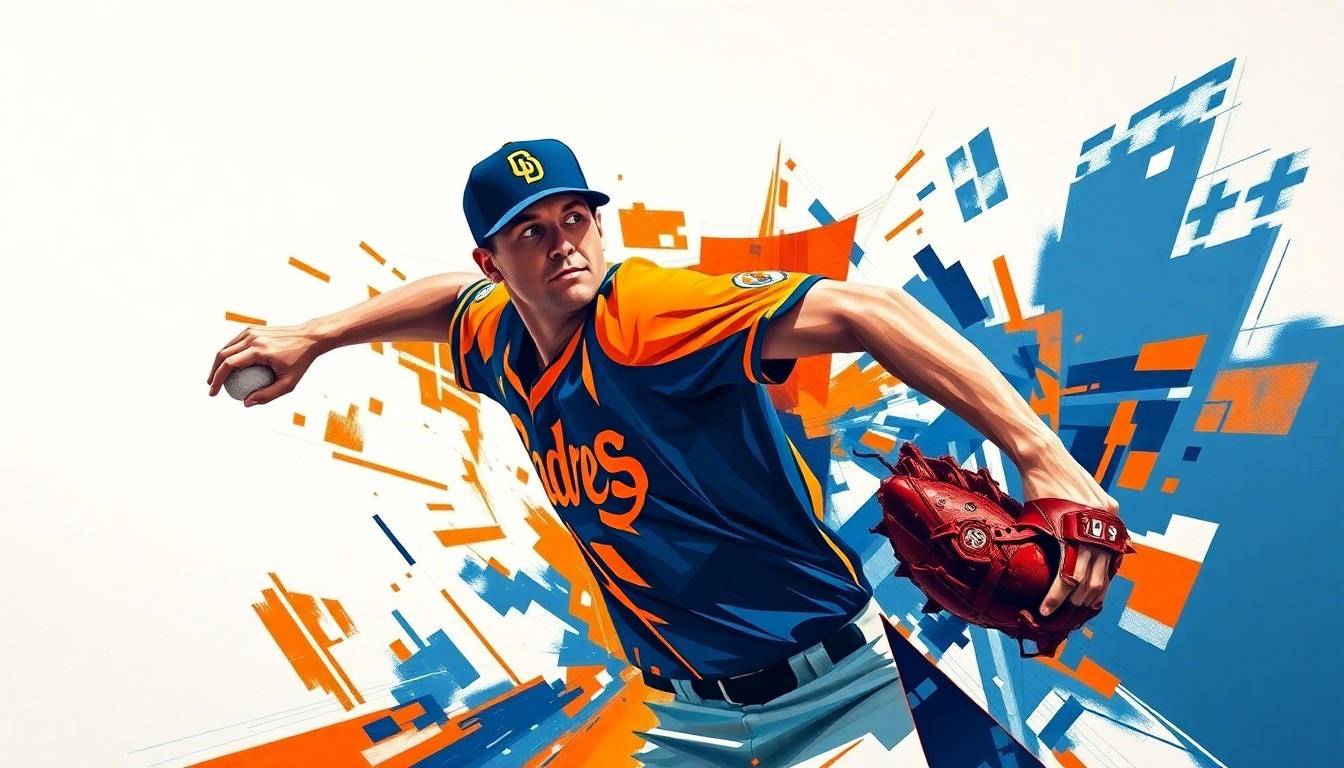 A cubist, multi-perspective painting in vibrant navy blue, orange, and white, breaking down a baseball pitcher's motion into sharp, overlapping geometric planes to capture the raw power and precision of the delivery.