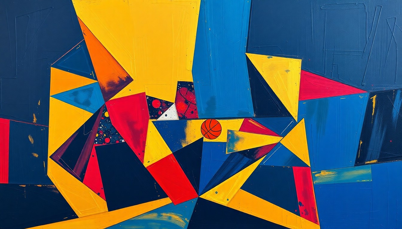 A fragmented, geometric painting depicting a basketball game or match, with sharp planes of navy blue, gold, and crimson red colliding to create a sense of motion and intensity.