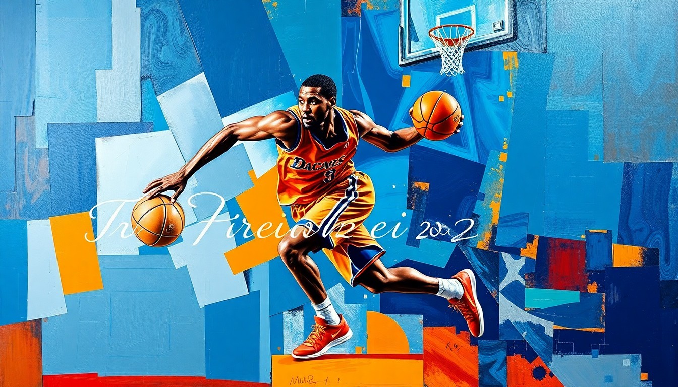 A fractured, cubist-style painting depicting a basketball player in motion, with sharp geometric shapes and planes in vibrant colors representing the dynamic energy of the sport.