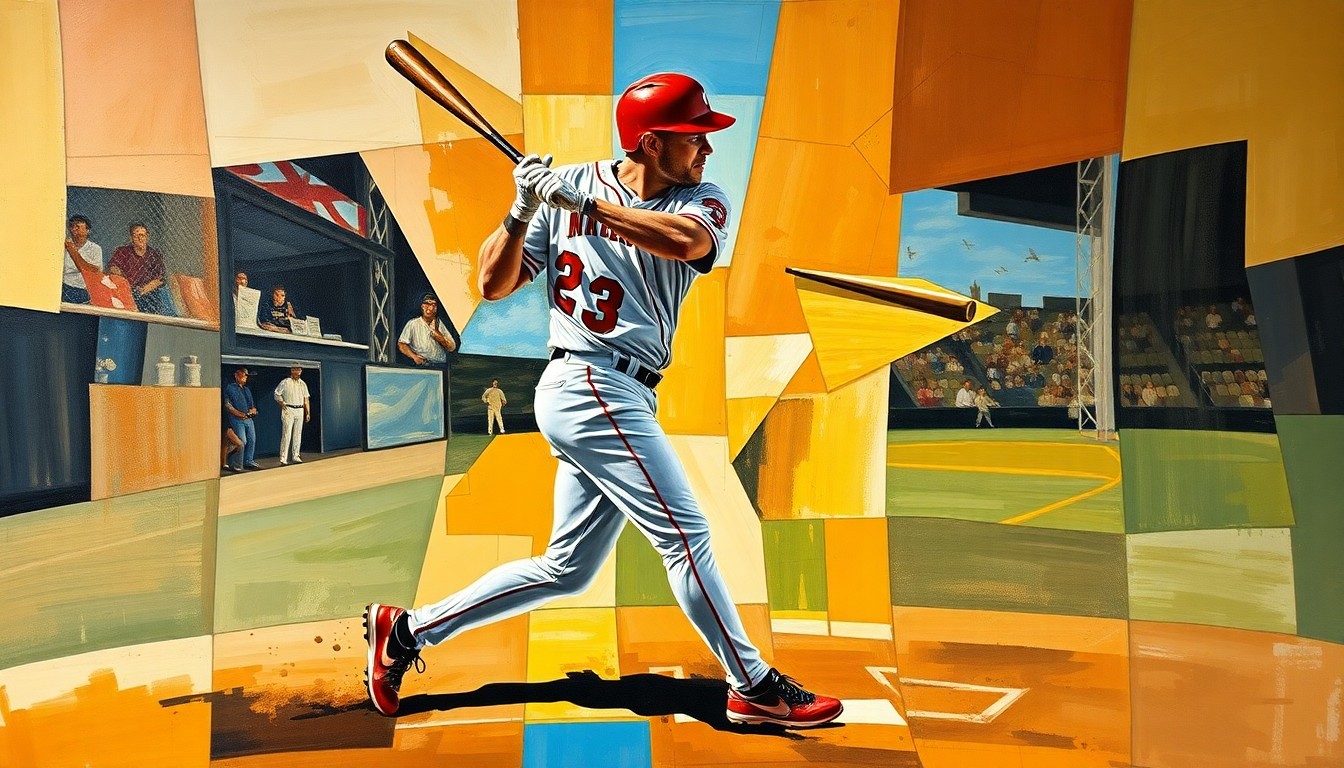 A fragmented, geometric painting depicting a baseball player in the midst of swinging and hitting a home run, the action broken down into sharp, overlapping planes of color and form.