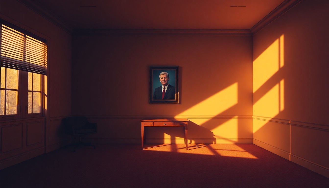A dimly lit, cinematic painting of an empty political office space, with a single framed portrait of a political figure on the wall, conveying a sense of solitude and contemplation.