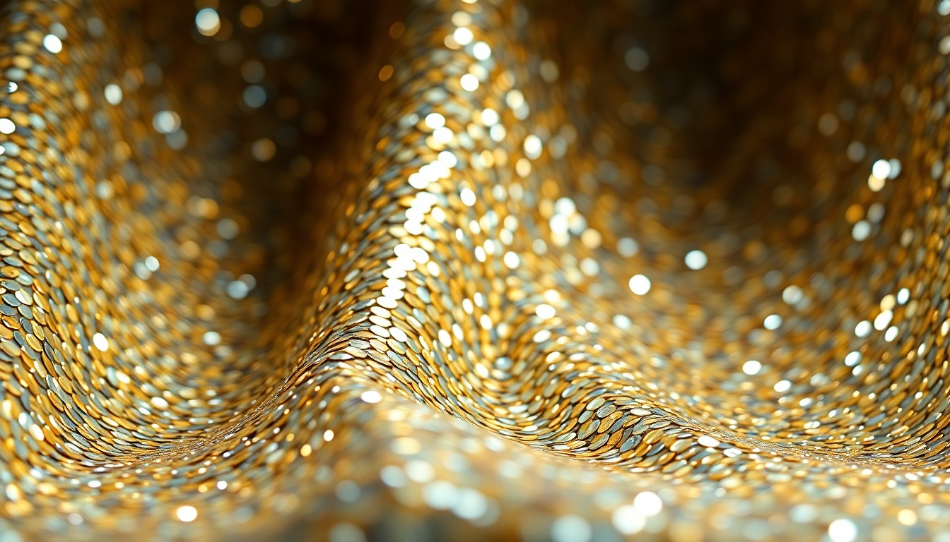 An abstract close-up of glittering gold and silver sequins under dramatic studio lighting, conveying the high-end luxury associated with celebrity real estate.