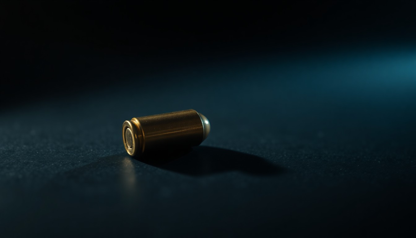 An extreme close-up photograph of a single bullet casing on a dark surface, lit by a harsh, direct camera flash, conceptually representing the investigation into Aliza Spencer's murder.