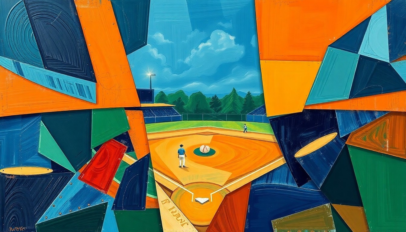 A fractured, cubist-style painting depicting a softball game broken down into sharp, overlapping geometric shapes in navy, green, and orange, conveying the dynamic energy and potential of a young athlete's path to an all-star showcase.