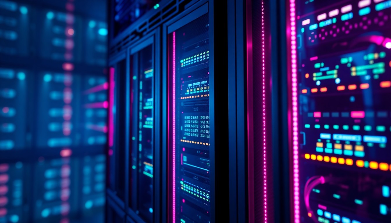 A highly detailed, glowing 3D macro illustration of a data center server rack, with neon cyan and magenta lights illuminating the complex infrastructure. The image conveys the scale and power of the technology that powers AI, while also hinting at the growing community opposition to these data centers.