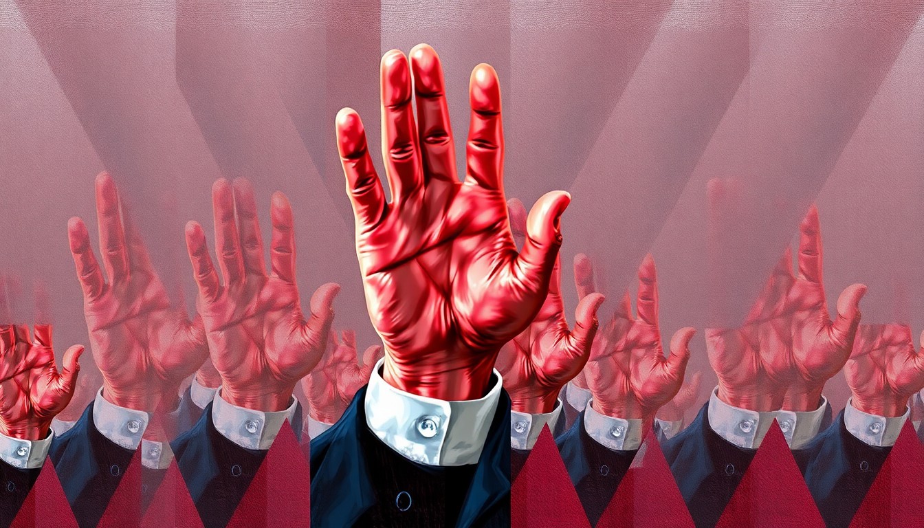 A conceptual illustration featuring overlapping, fractured geometric shapes in muted red, blue, and grey tones, depicting a politician's hand gesturing forcefully, conveying a sense of political division and conflict.