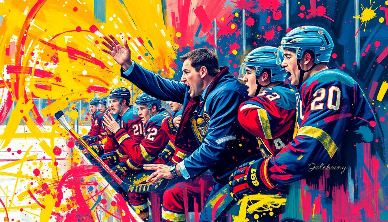 An extreme close-up of a hockey coach's face, his expression twisted in anguish, surrounded by a swirling, abstract background of neon paint splatters and brushstrokes, capturing the raw intensity of his passionate rebuke of his players.