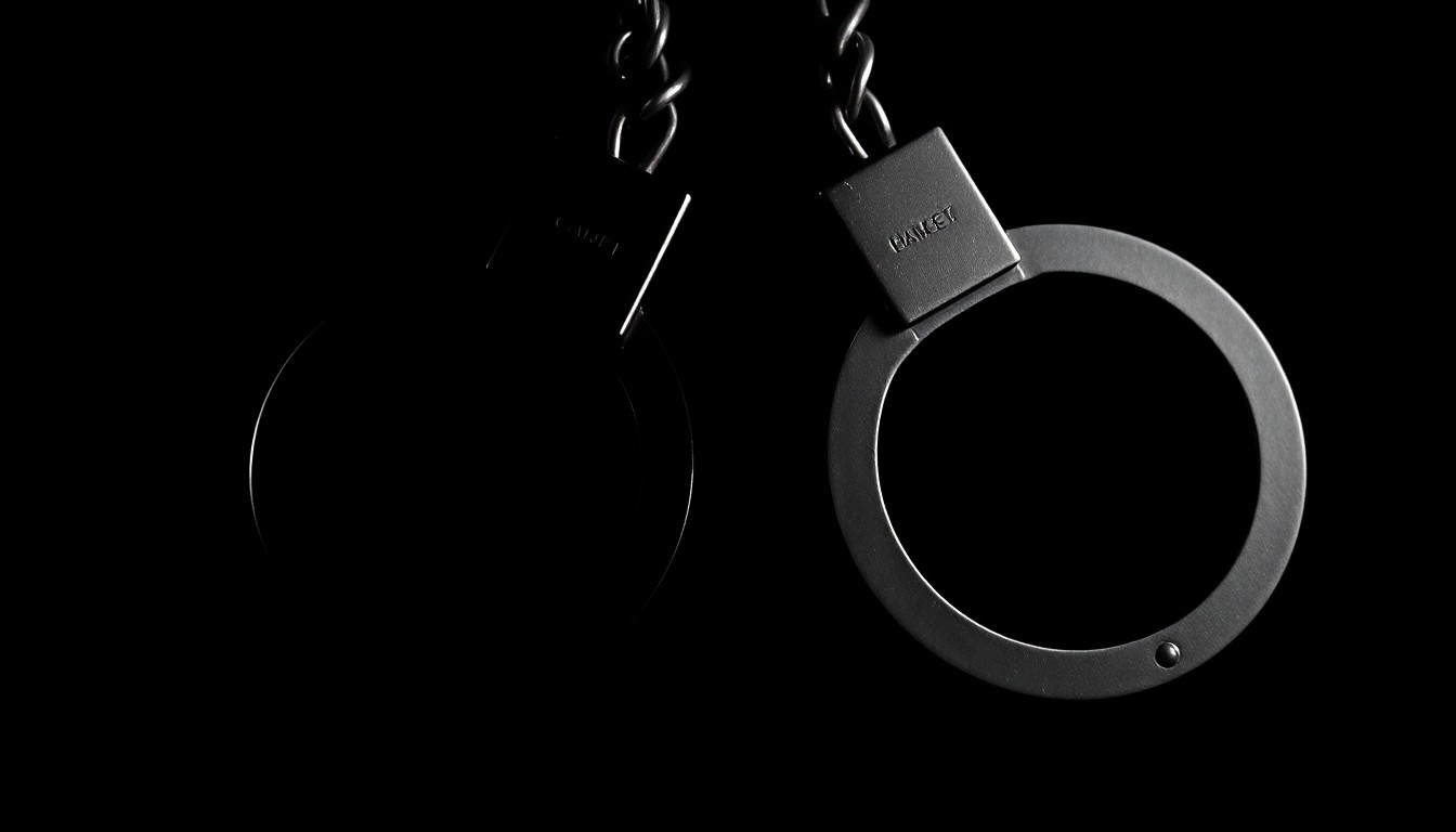 An extreme close-up of a pair of handcuffs reflecting a bright flash of light, conceptually representing the high-stakes confrontation between police and a violent criminal suspect.