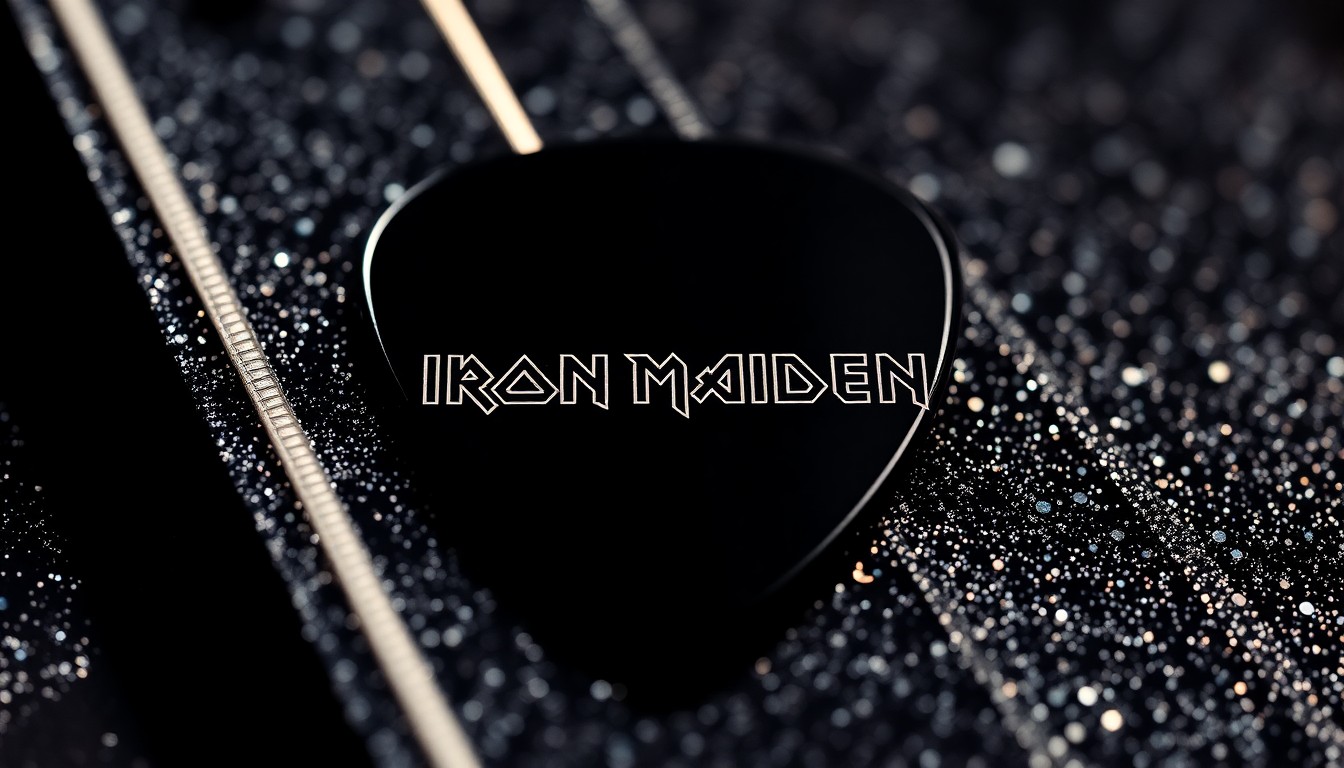 An extreme close-up photograph of a heavily textured, glittering metal surface, such as an Iron Maiden guitar pick or other band memorabilia, captured in dramatic studio lighting to create a luxurious, high-fashion aesthetic.