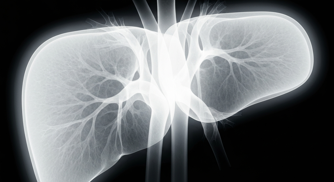 A translucent X-ray photograph showing the intricate internal structure of a human liver, rendered in ghostly shades of white and grey against a dark background, conceptually representing the growing global health issue of metabolic dysfunction-associated steatotic liver disease.