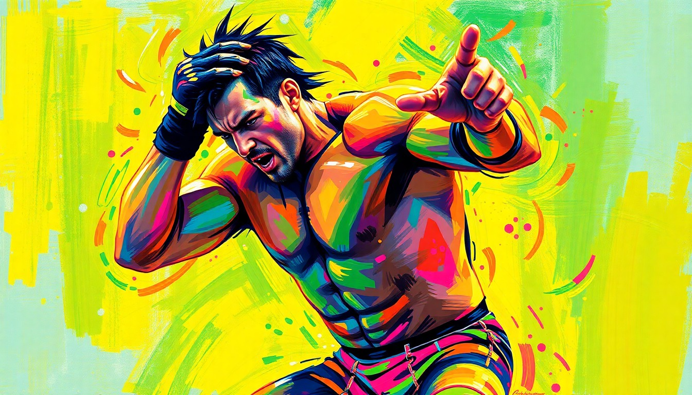 An abstract, neon-colored painting with rapid brushstrokes depicting a pro wrestler in mid-action, conveying a sense of raw athletic energy and movement.