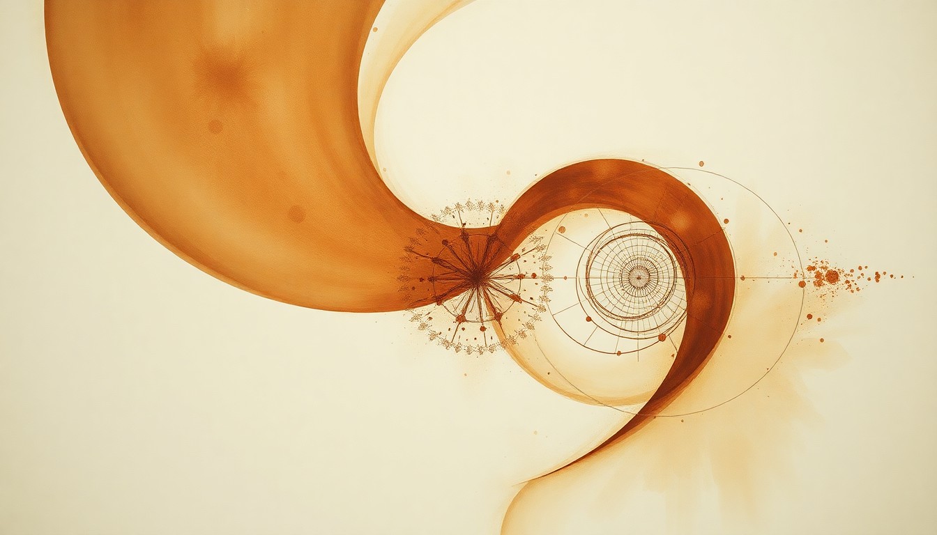 An abstract, textured painting in earthy tones featuring sweeping geometric shapes and botanical spirals, conceptually representing the complex scientific principles behind a modified teabag design for filtering arsenic from drinking water.