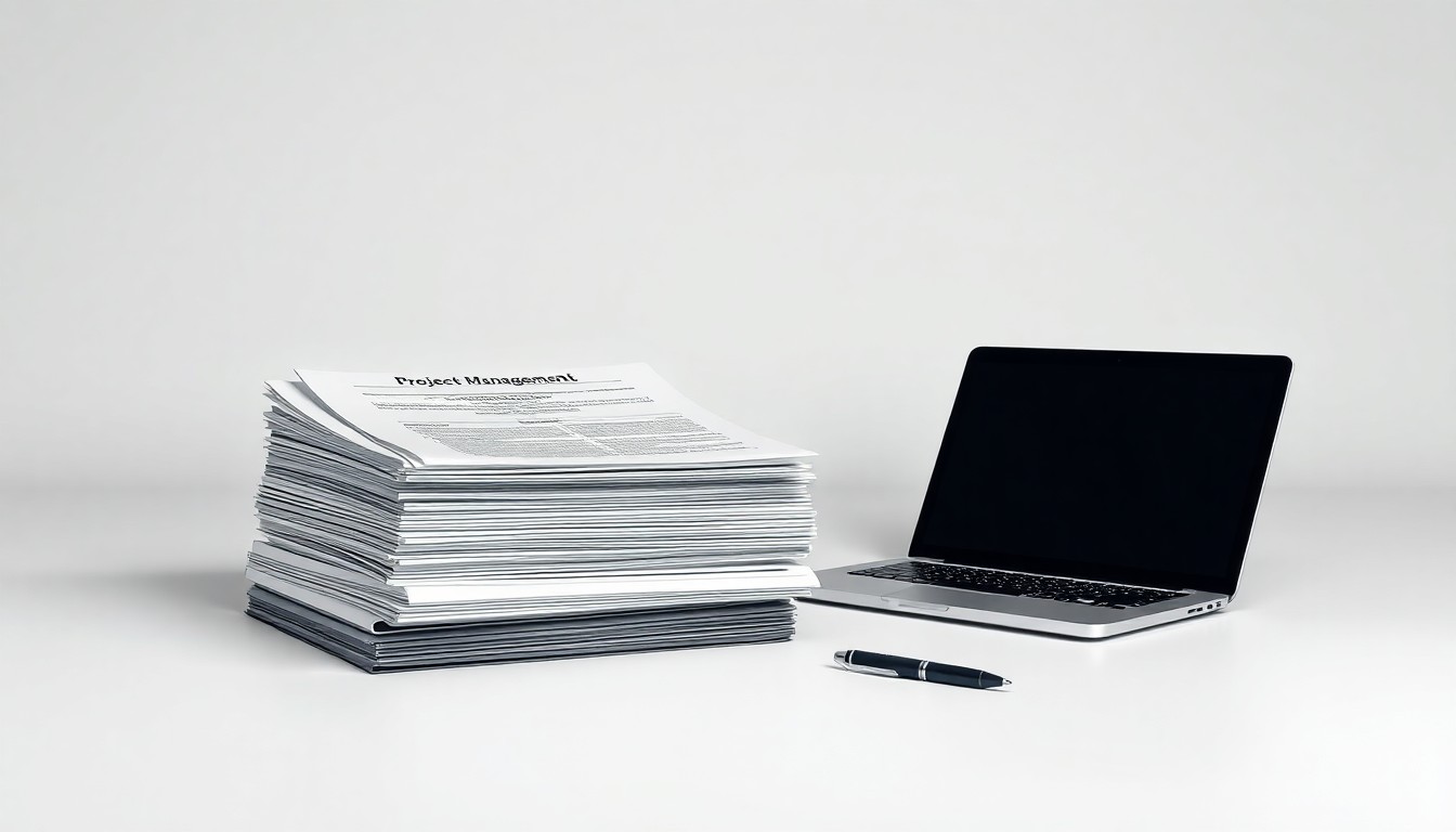 A clean, high-contrast studio photograph featuring a stack of documents, a laptop, and a pen arranged on a plain white background, symbolizing the organized, data-driven approach to enterprise software implementation.