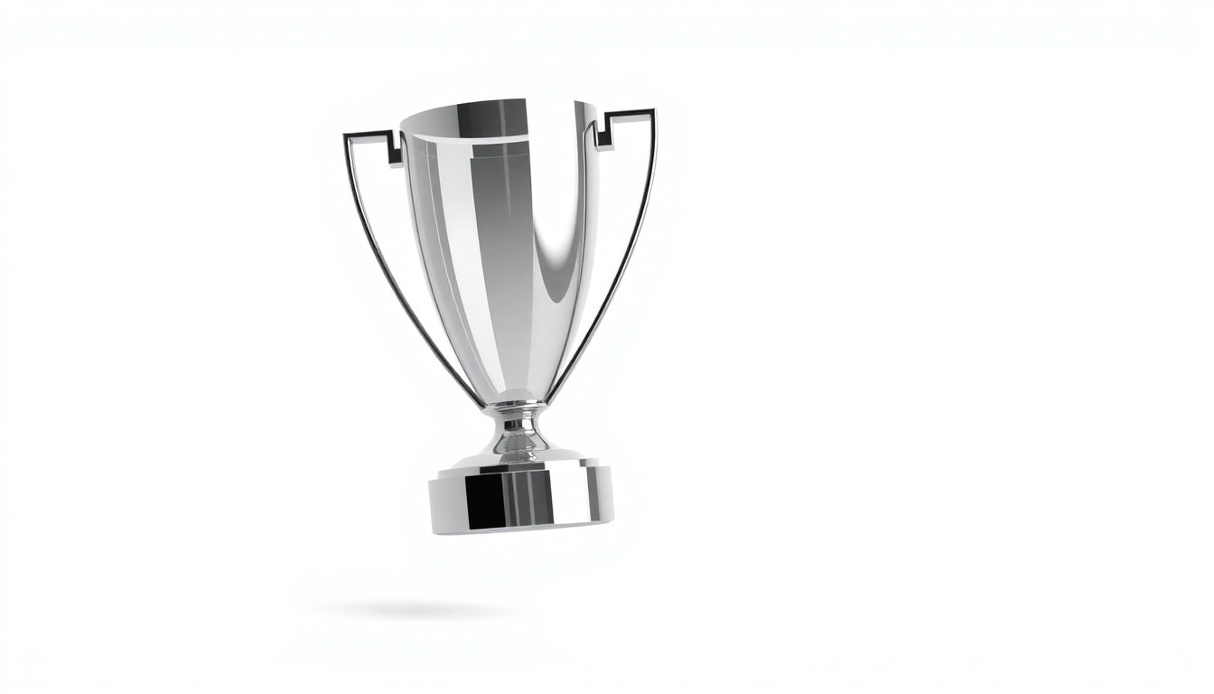 A minimalist, high-end studio still life photograph of a sleek corporate trophy made of polished metal and glass, floating on a clean white background. The trophy symbolizes Marketbridge's data-driven approach to delivering measurable growth for B2B clients.