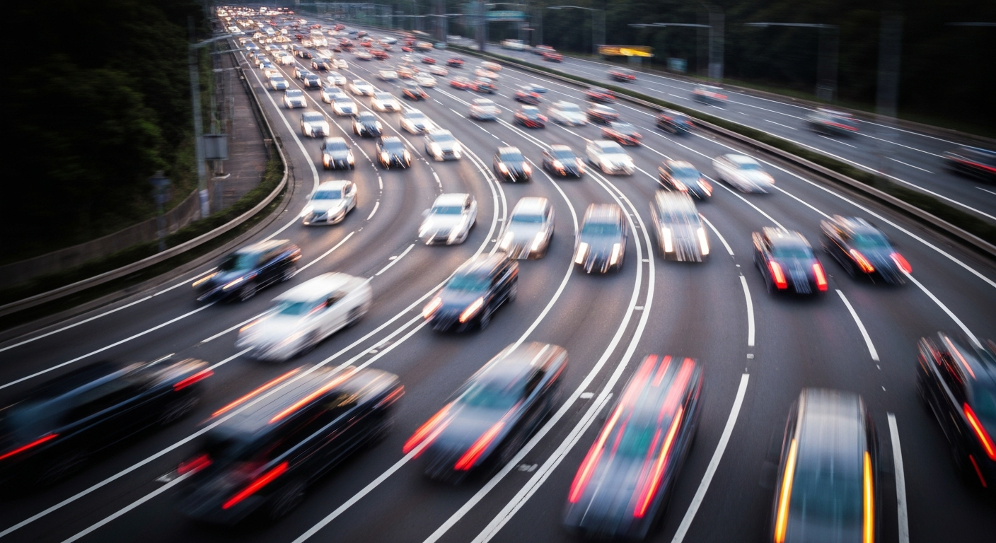 An abstract, colorful image with sweeping brushstrokes of motion blur, conceptually representing the busy traffic and highway expansion project near Camping World Stadium.