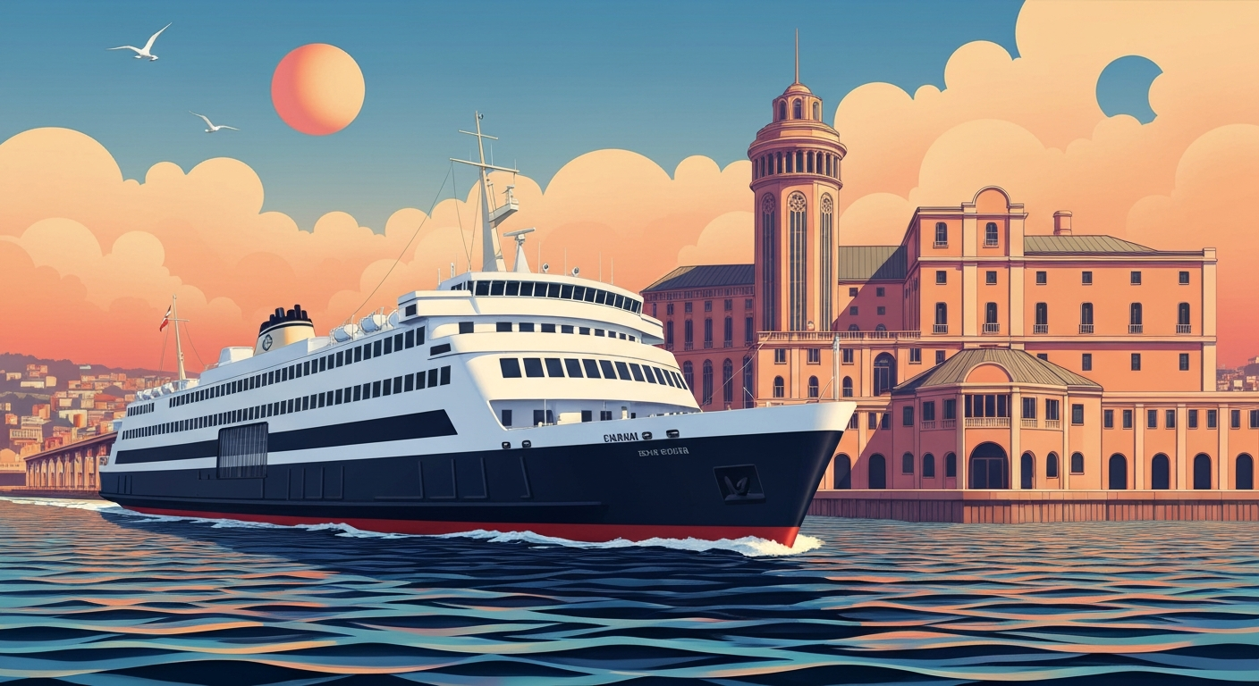 A highly stylized, geometric illustration depicting the sleek, streamlined form of a large ferry boat against a backdrop of towering coastal architecture, conveying the grand scale and modern elegance of ferry travel.