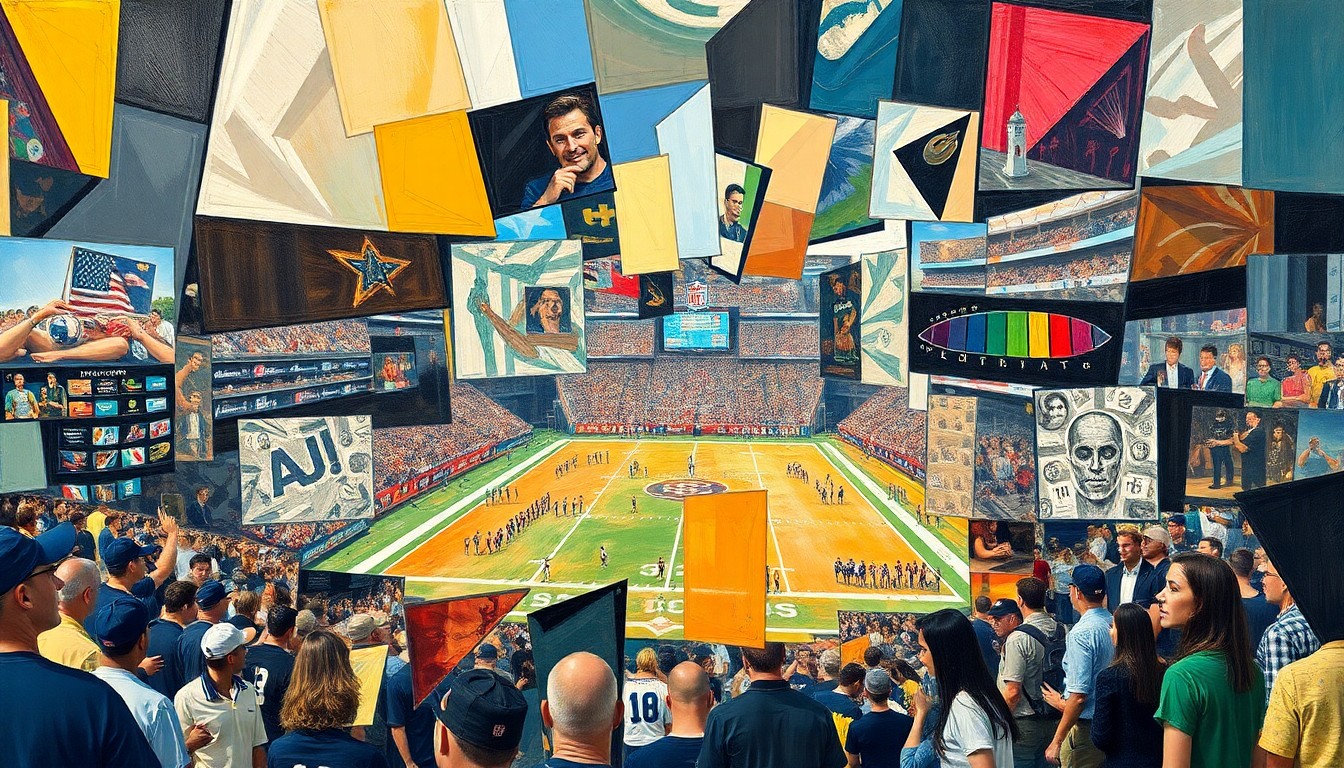 A cubist, geometric painting depicting fragmented, overlapping shapes and planes representing a football game or NFL draft scene, conveying the concept of flexibility and opportunity.
