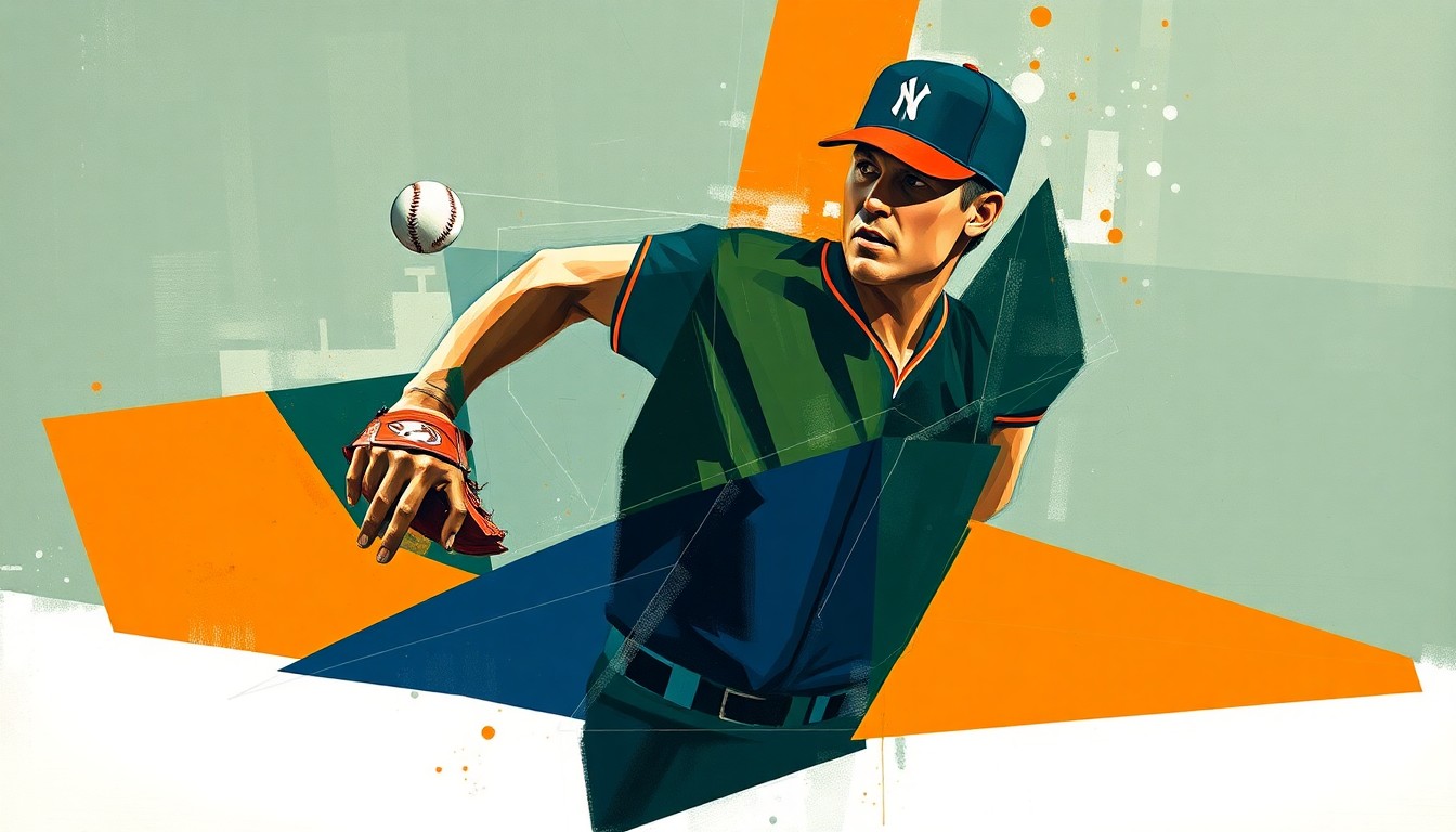 A cubist, geometric painting depicting a baseball pitcher's windup and delivery broken down into sharp, overlapping planes of navy blue, forest green, and burnt orange, capturing the complexity of the Braves' pitching staff management.