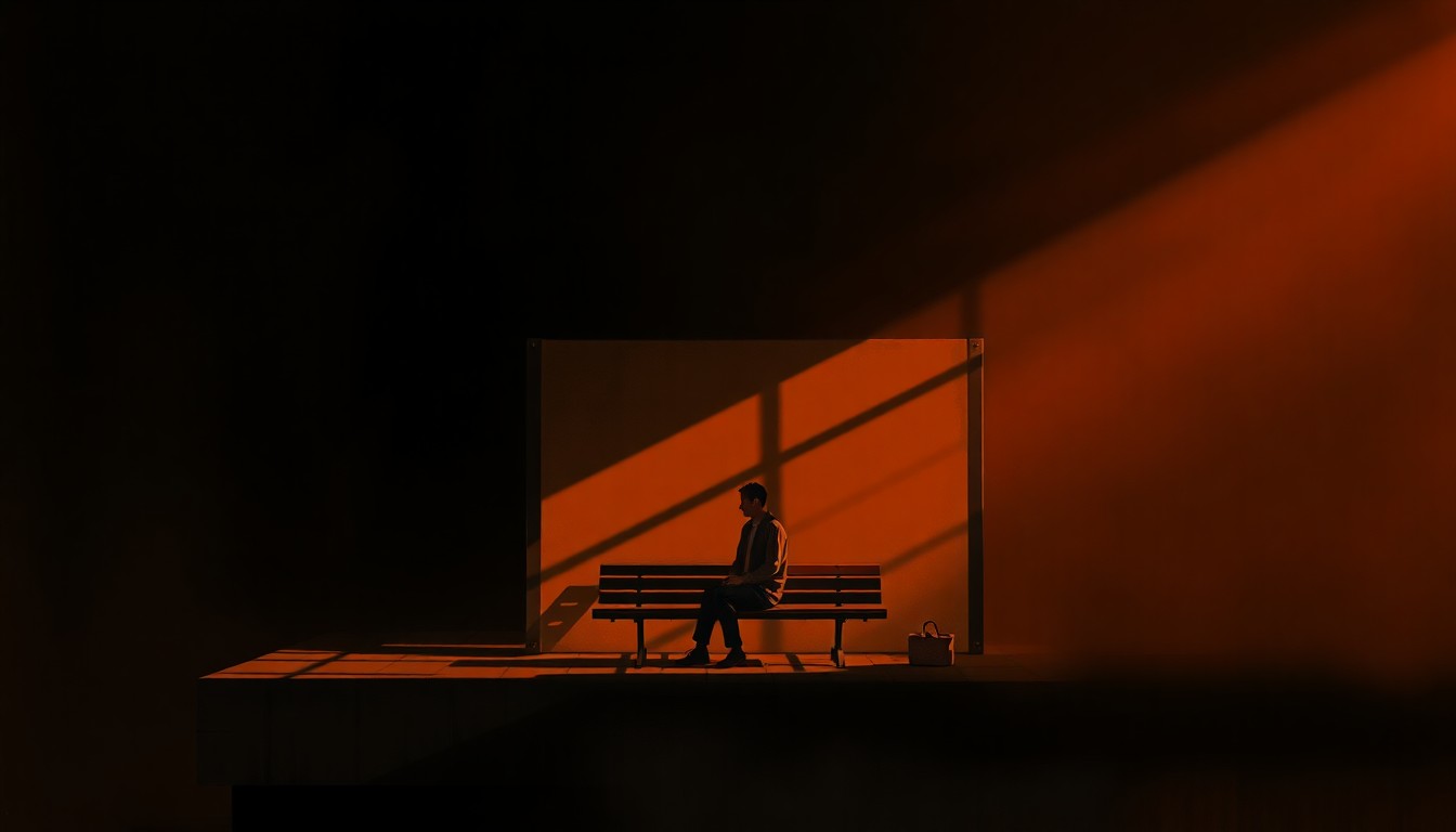 A solitary figure sits alone on a bench in a dimly lit, urban bus station, the warm light and deep shadows creating a contemplative, cinematic mood that reflects the emotional toll of the immigration detention experience.